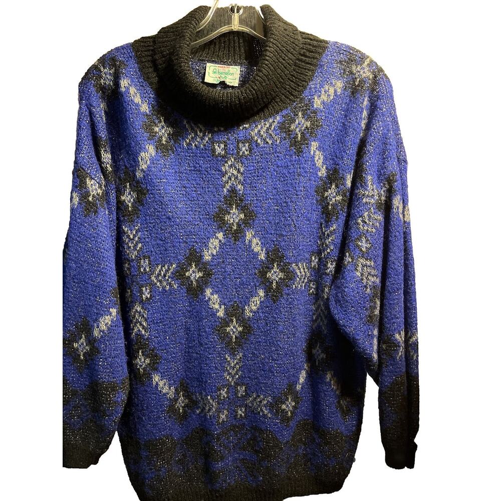 Benetton Vintage L 46 US Blue Argyle Long Sleeve Acrylic Mohair Nylon Sweater